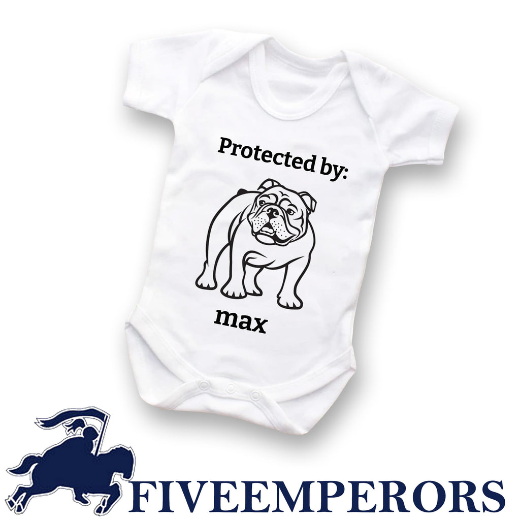 : Personalized Dog Name Baby Onesie, Protected by Custom